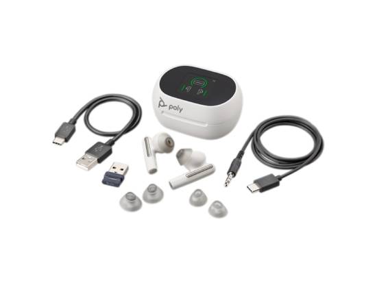 Plantronics Voyager Free 60+ UC M White Sand Earbuds + BT700 USB-A Adapter + Touchscreen Charge Case
